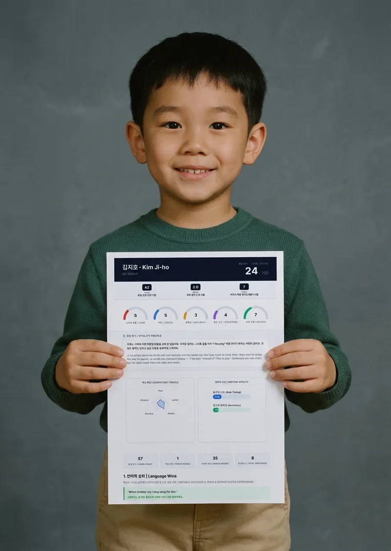 Ji-ho at seven, holding his English report